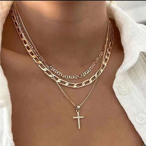 Gold 1pc Multi Layered Cross Pendant Necklace - Picture 1 of 3